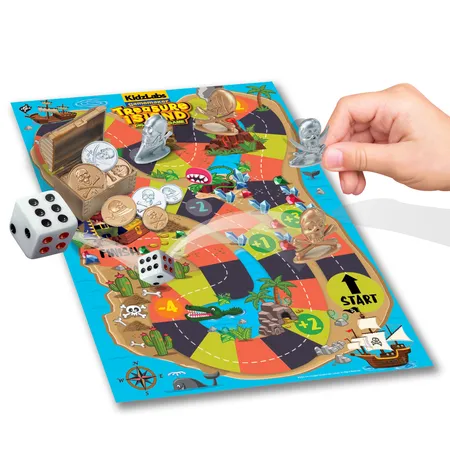 Pirate dice board game for children with treasure island map