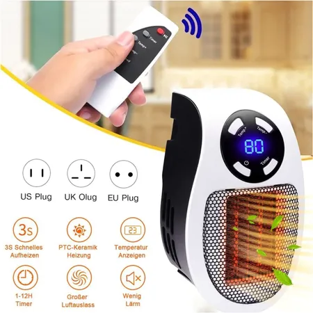 Mini Ceramic Fan Heater with Control, 500 Watt Small Heater for Socket, Mobile Fan Heater with Thermostat, 12 Hour Timer, Display, Overheating Protection, Quick | Heaters & Warmers | Home Appliances