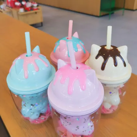 New Plastic Double Wall Glitter Tumbler with Straw Cute Kawaii