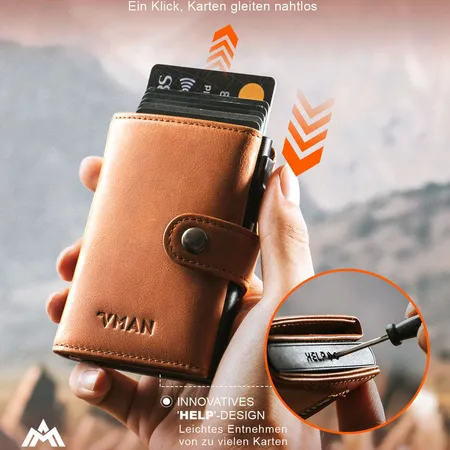 Genuine Leather Button Trifold Pop up ID Window RFID