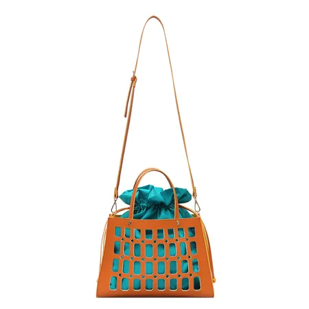 De'Emilia EC Crisantemo Signature Laser-cut Imitation Leather Women Handbag  Trapezoid Medium Tote Bag Detachable drawstring bag Contrast Colors  Tangerine Baby Blue, Handbags