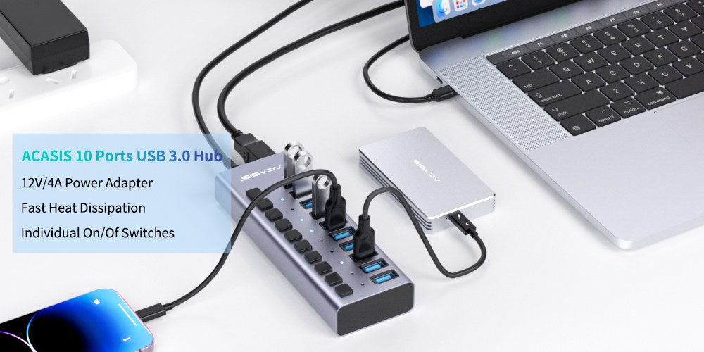 Acasis Multi USB 3.0 Hub 10 ports High Speed With ON OFF Switch Adapte –  ACASIS Electronics