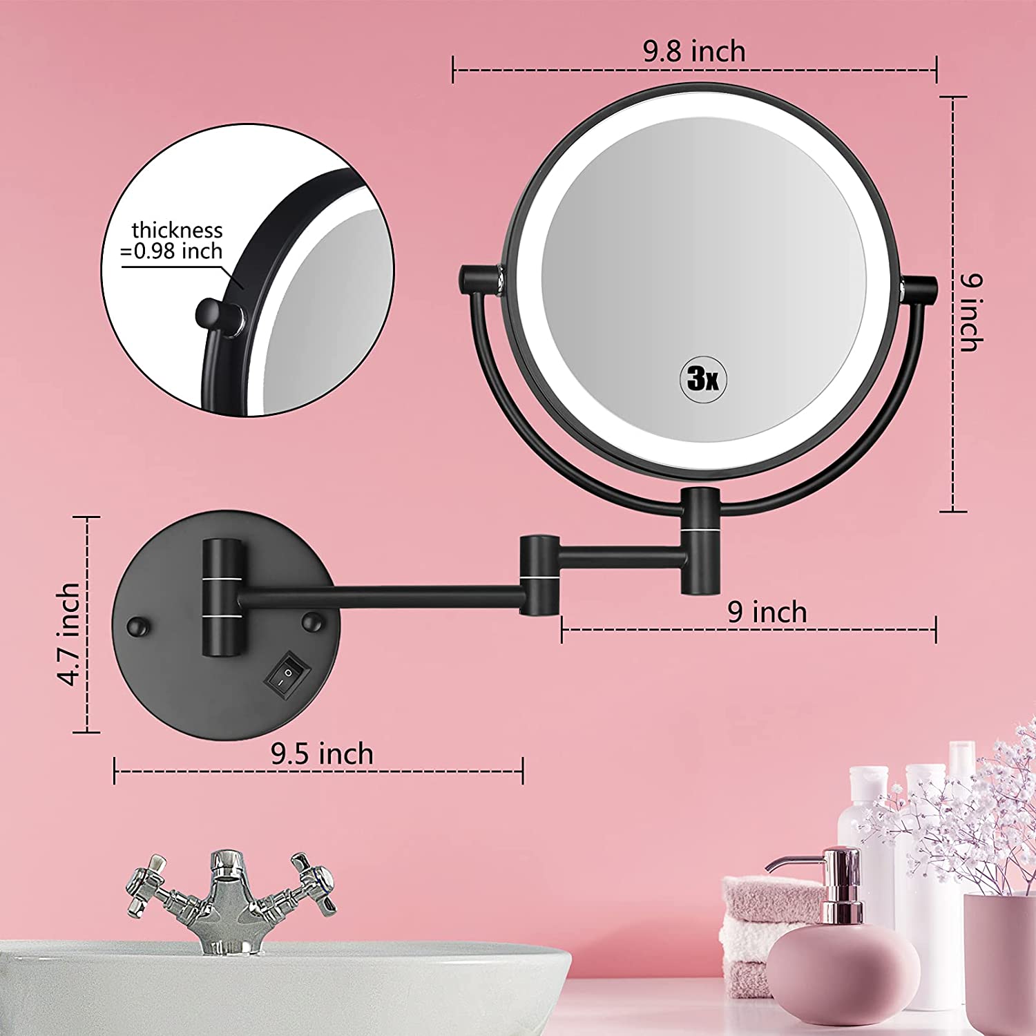 Black Color Double Sided Wall Mounted 10X Shaving Mirror With Dimmable