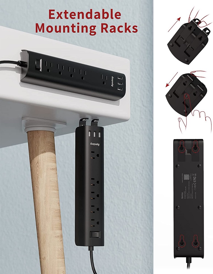 SUPERDANNY Retractable Mounting USB Power Strip 5 Outlets Power Surge