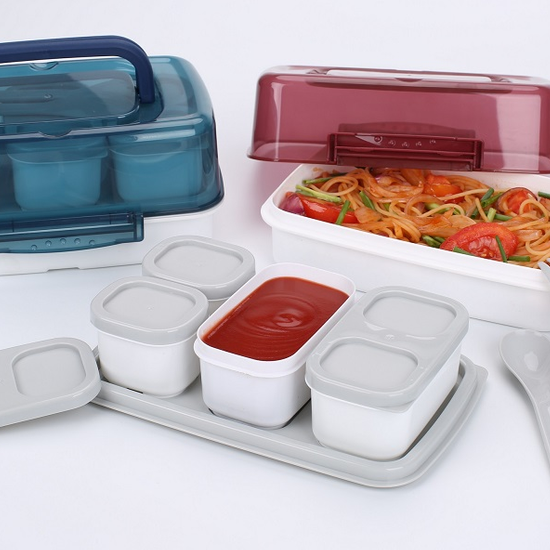 2 Layers Lunch Box with 4 containers, spoon, fork and Handle | Homeware ...