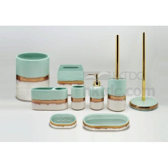 Ceramic Bath Accessories Set WhiteGreen Finish W/Gold Decal Bathroom