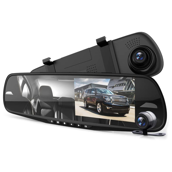 Dash Cam Rearview Mirror - 4.3” DVR Monitor Rear View Dual Camera Video Recording System in Full HD 1080p w