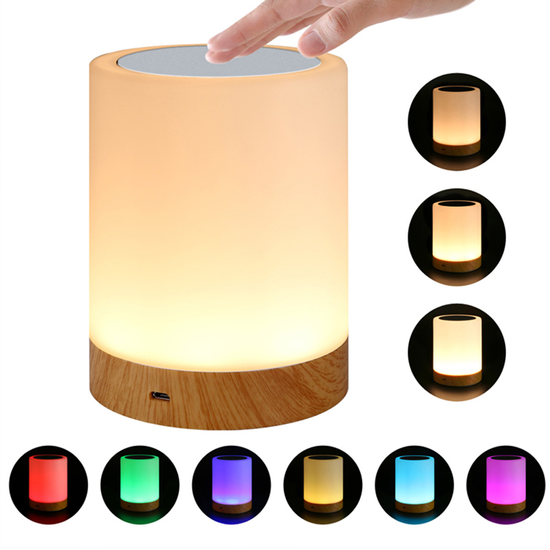 Led night light wood grain table lamp touch dimmable rgb table light