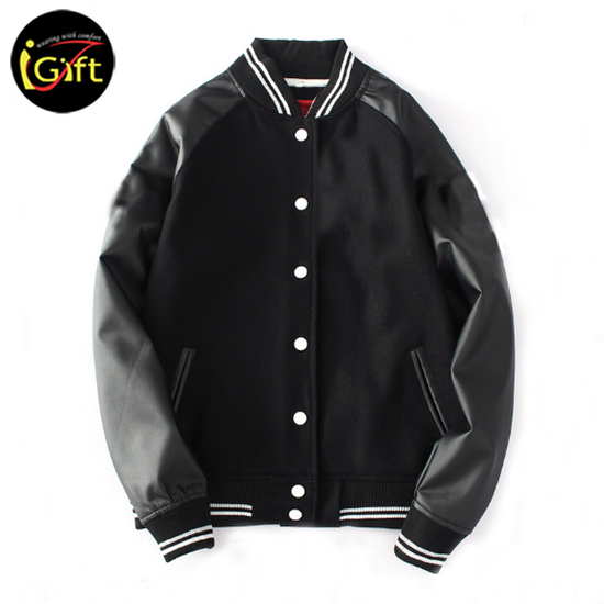 Unisex Casual Loose Woolen Fabric Jacket With Leather Sleeves, Embroidery  Decoration And Baseball Collar