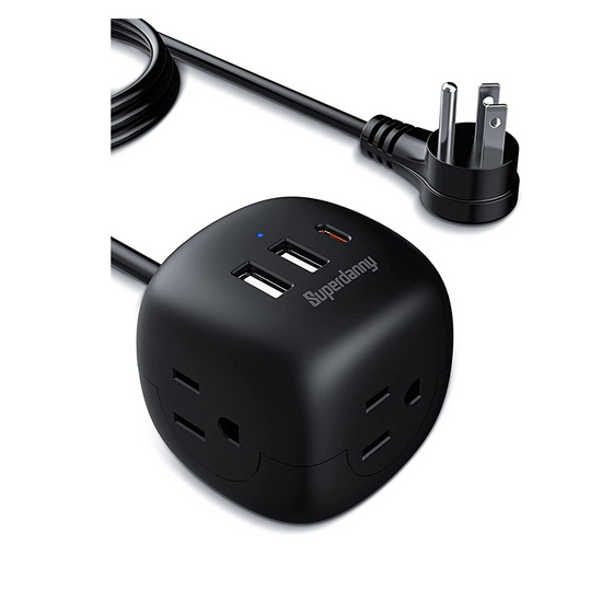 SUPERDANNY 30W Type C Power Strip 2 USBA 3 Outlets Flat Plug Compact