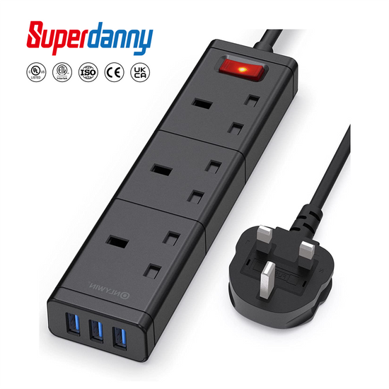 SUPERDANNY UK Standard Power Strip 3 Outlet 3 USB Power Extension Bar