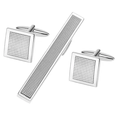 Silver Grid Cufflinks and Tie Cilp Set
