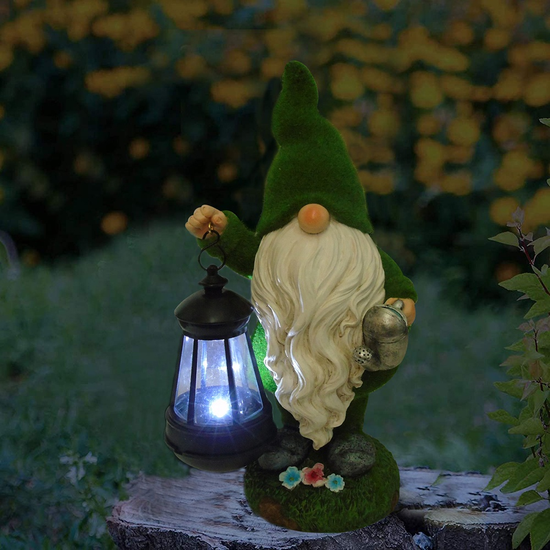 Solar Powered Outdoor Lawn Decor Flocked Garden Gnome Dwarf Statue