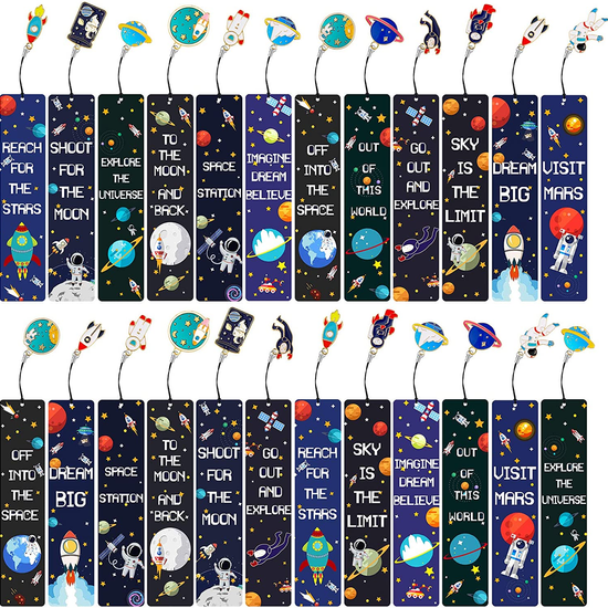 Space Theme Bookmarks with Metal Charms Rocket Space Ship Theme