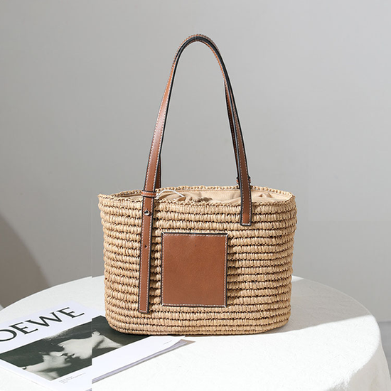 Two Tone Woven Stripe Straw Tote Bag with Leather Straps -  (782904)